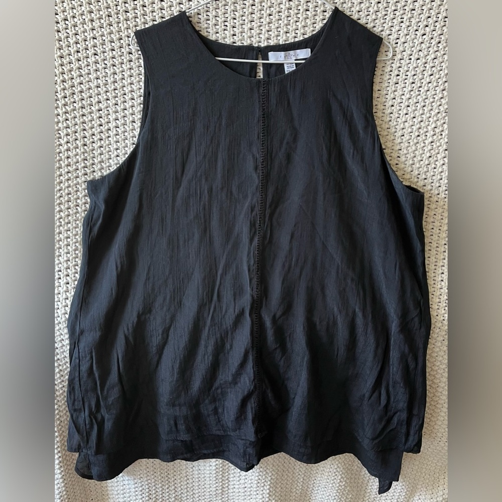 FEVER Woman’s Plus Size Black Sleeveless Top, Handkerchief Hem, Linen; Size XXL